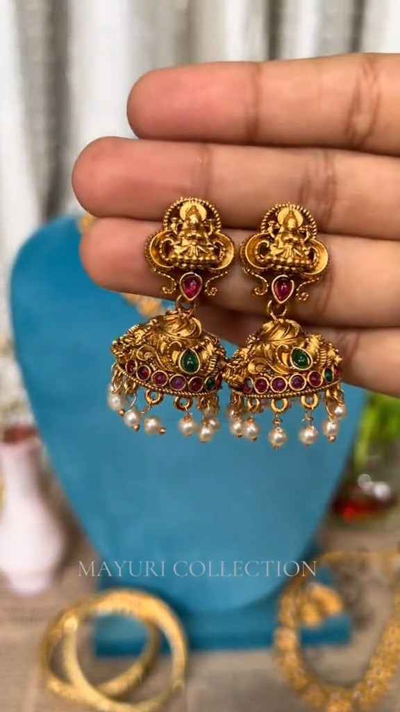 Temple Jhumka Earrings with Pearl Drops - Image 3