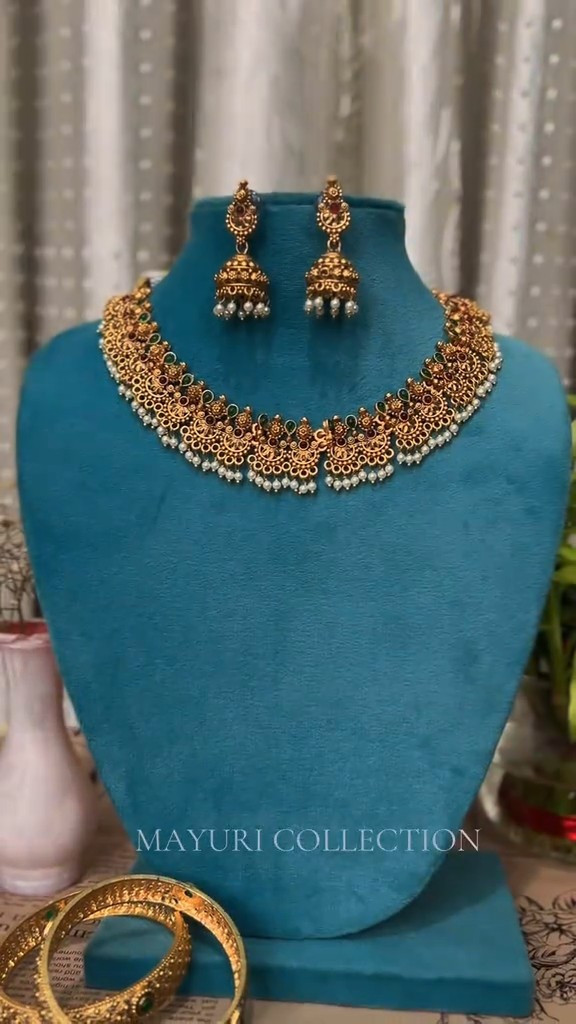 Gold-Tone Pearl Drop Choker Necklace Set with Jhumka Earrings