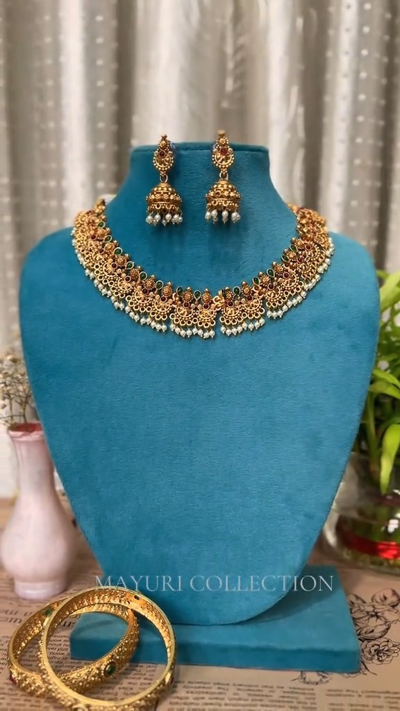 Gold-Tone Pearl Drop Choker Necklace Set with Jhumka Earrings - Image 2