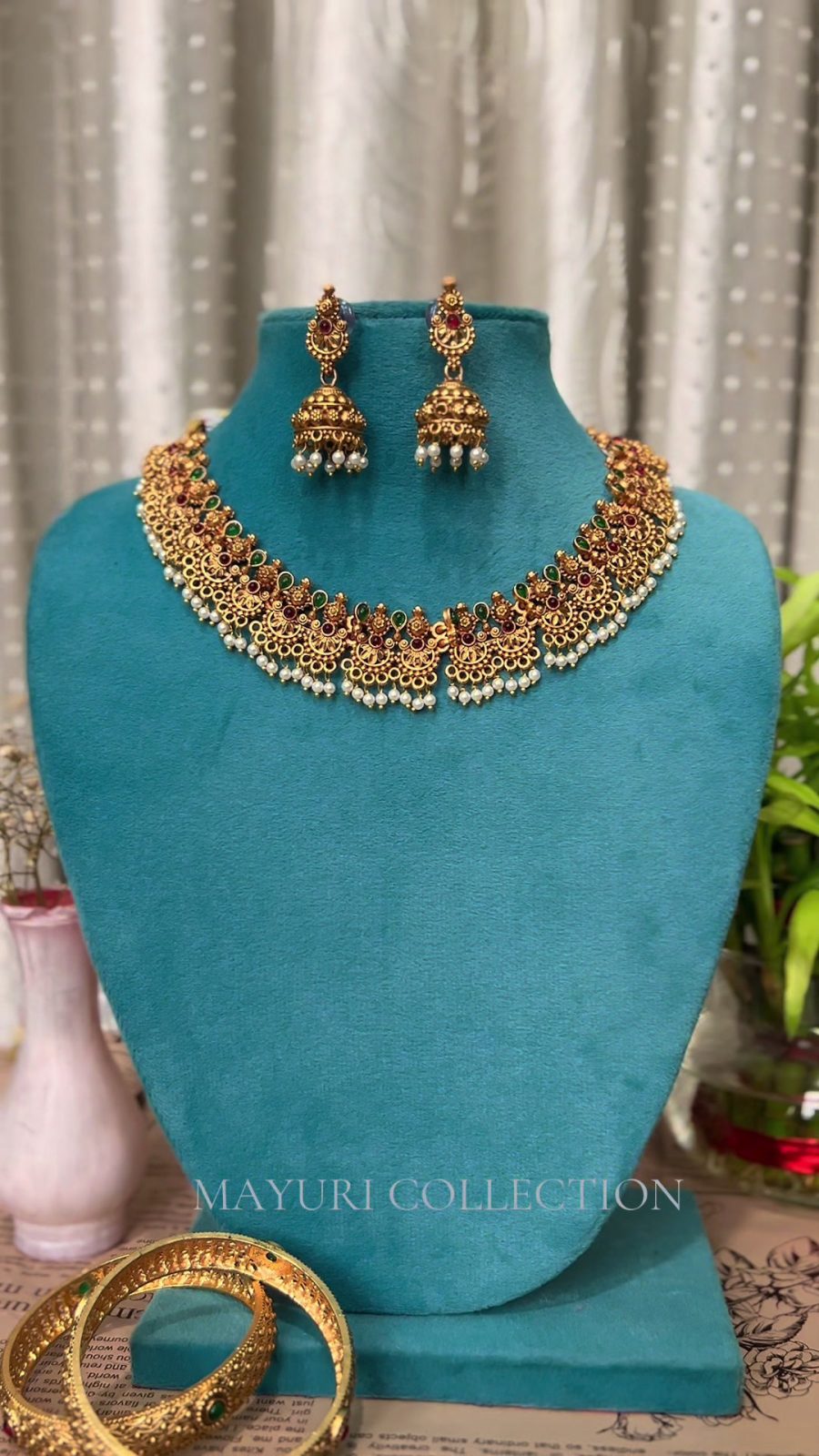 Gold-Tone Pearl Drop Choker Necklace Set with Jhumka Earrings - Image 4