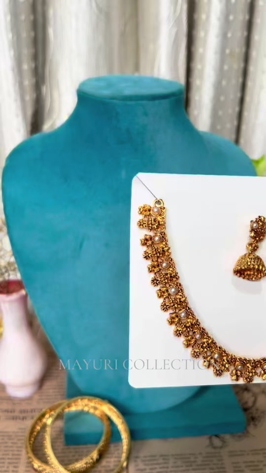 Antique Gold-Tone Floral Necklace Set with Jhumka Earrings - Image 4