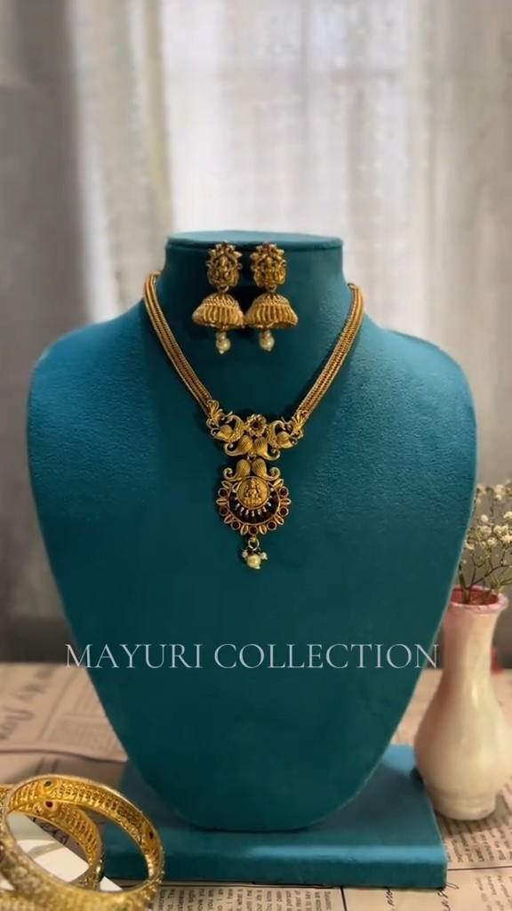 Gold-Tone Antique-Style Necklace Set with Jhumka Earrings - Image 3